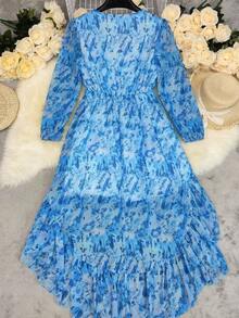 Women's Vintage Blue Ruffle Hem Dress - Long Sleeves V-Neck, Asymmetrical Detailing, Bohemian Dress Casual To Dressy, Bohemian Style, Bohemian Dress |   Vintage Style Dress, Women's Evening Maxi Dress For Party, Dance, Concert, Holiday, Fashionable And Elegant Western Style - 淺藍色 - 查看 6