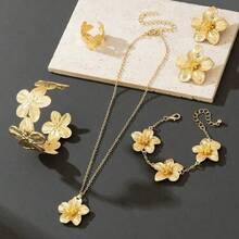 6pcs Vintage Gold Plated Carved 5-Petal Flower Pendant Necklace Bracelet Ring Earrings Jewelry Set For Women [Random Tassel - Nhiều màu - Xem 2
