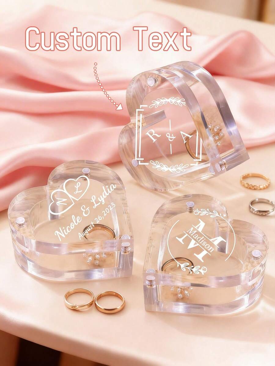 1Pc Personalized Ring Box,Ultra-Clear Acrylic Ring Box,Custom Ring Box Wedding Day,Wedding Ring Box,Ring Case,Travel Jewelry Case,Customized Jewelry Box,Jewelry Box For Girls,Travel Jewelry Organizer,Small Jewelry Box - Heart - View 1