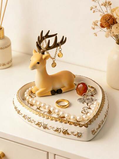 Resin Deer Jewelry Holder Tray – Heart-Shaped Vanity Organizer With Antler Hooks For Necklaces, Rings, Earrings, And Bracelets. This Decorative Trinket Dish Is Perfect For Your Bedroom Dresser, Bathroom Counter, Or Entryway Table. Its Cute Animal Design Adds A Playful Touch To Your Space, While Keeping Your Jewelry Organized And Within Reach. A Functional And Stylish Addition To Any Home Decor Collection.