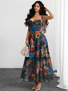 女士优雅时尚法式性感蝴蝶结双层蓬蓬裙浪漫波点连衣裙，适合日常穿着、度假和约会 - 彩色 - 查看 2