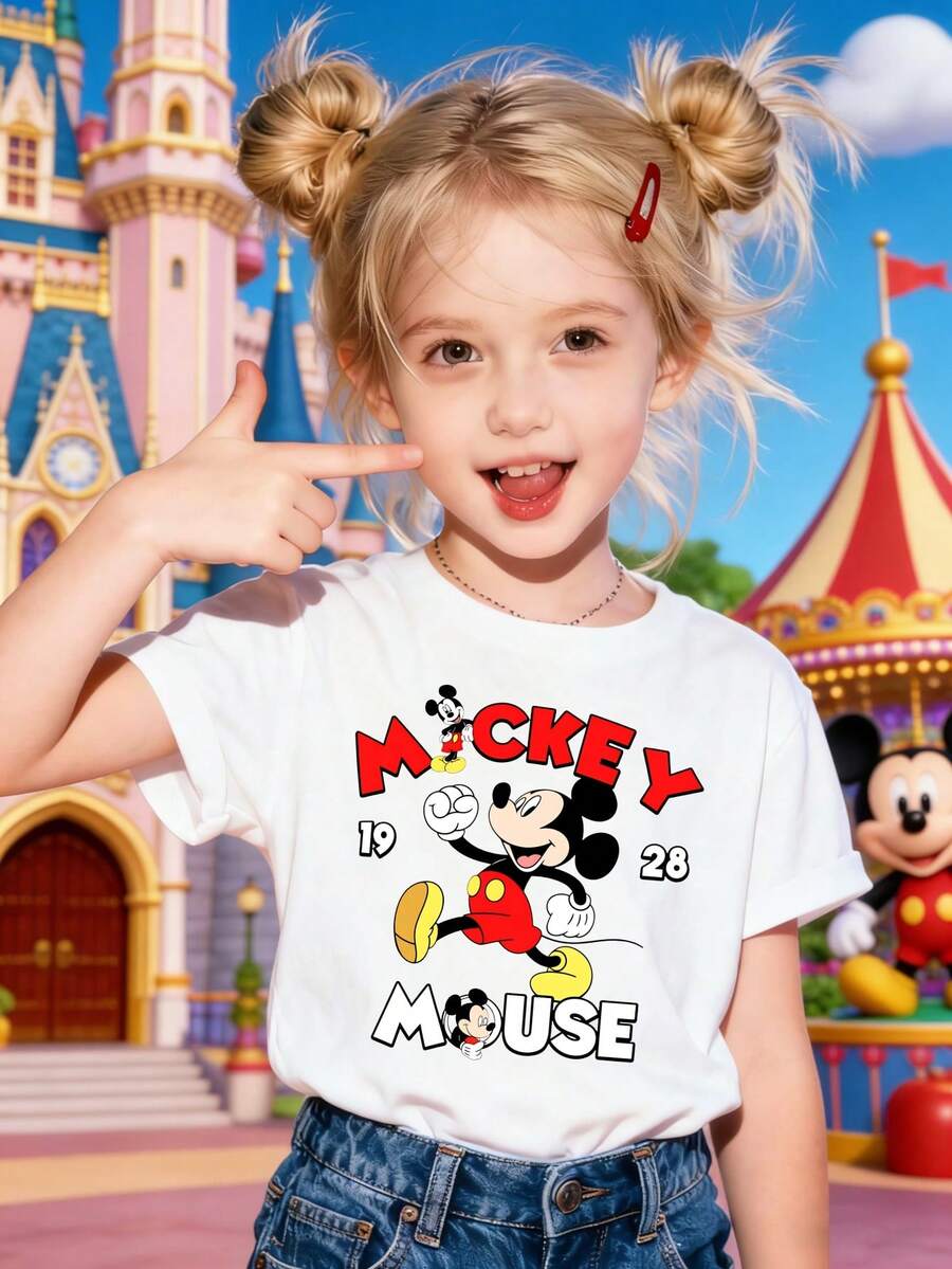 Mickey Mouse 1928 Cute D Isney Cartoon Pattern Round Neck Pure Cotton Girls Short Sleeved T Shirt Printed With Disney Animated Character Patterns Spring Summer Style Round Neck Made Of Soft Comfortable Breathable Fabric Suitable For Daily Wear Shopping Parties And Gatherings And Can Also Be Used As A Gift - 白色 - 查看 1