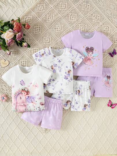 6pcs/Set Summer Baby Girls Short Sleeve Outfit, Baby Girls Cartoon Fairy Girl Print Bow Short Sleeve T-Shirt And Shorts Set