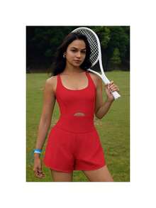 Women's Summer Sleeveless Halter Romper, Athletic One-Piece Workout Jumpsuit With Padded Bra For Indoor & Outdoor Sports - Red - View 4