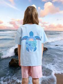 1pc Tween Girl Printed Short Sleeve T-Shirt, Student Youth Clothing, Summer Gift For Kids - Baby Blue - View 2