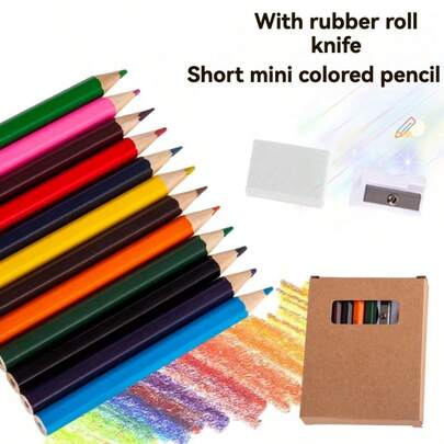 Conjunto de mini lápis coloridos com borracha e apontador, 12 cores vibrantes, ideal para desenho, esboço e material escolar, uso artístico profissional.