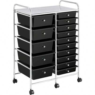 15 Drawers Plastic Storage Cart, Multipurpose Mobile Organizer Unit With 4 Lockable Wheels, Utility Rolling Trolley