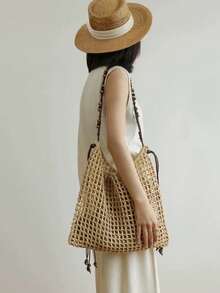 Summer Vacation Style Handwoven Straw Tote Bag, Hollow Raffia Shoulder Handbag For Women, Large Capacity - Apricot - View 6