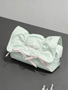 1个薄荷绿蓬松铅笔盒，带可爱猫咪贴片和粉色蝴蝶结，大容量荷叶边美观笔袋，尼龙材质，适合青少年女孩和学生的文具收纳包 - 1個 可愛薄荷色蝴蝶結帳袋 - 查看 8