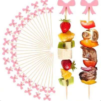 10/50/100pcs Pink Bow Cocktail Picks, With Elegant Bow - 4.72" Long Bamboo Toothpicks, Suitable For Wedding, Birthday, Baby Shower Decoration - Sturdy Smooth Party Appetizer Skewers For Fruit, Desserts, Charcuterie Boards - Decorative Dining Utensils, Easter Valentine's Day Bamboo Sticks