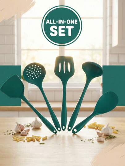 High-Temperature-Resistant Silicone Kitchenware Set Of Five Pieces: Easy To Clean And Store. Suitable For Cooking Stir-Fries, Making Soups, Scooping Food, Wiping Sauce, And Daily Cooking. It Is Suitable For Family Meals And Festive Gatherings. A Must-Have Kitchen Tool.