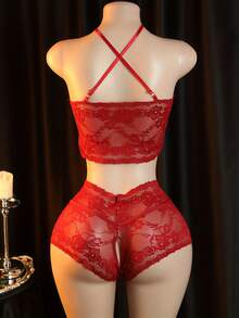 2pcs Sexy Lace Lingerie Set: Top + Panty, Women's Underwear And Sleepwear - Red - View 3