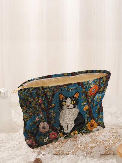 Cat Pattern Corduroy Cosmetic Set, Lightweight Travel Zipper Makeup Bag, Unisex Toiletry Storage Pouch