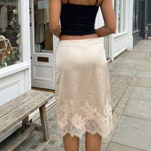 Women Satin Lace Trim Midi Skirt Polka Dot Print High Waist Long A-Line Skirts Vintage Silk Going Out Dress Y2k Streetwear Party Clubwear - 杏色 - 查看 10