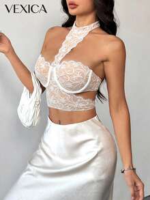 Vexica Women's Sexy Elegant Halter Lace Bustier Top, Backless Tie Up Crop Camisole For Wedding Guest, Eid Party & Night Out Daily Wear - White - View 9