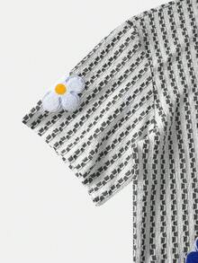 Men's Fashion Textured Oversized Knit Shirt, Suitable For Casual Daily Wear In Summer, With Printed Floral Design, Minimalist Versatile, Short Sleeve Commuter Top [Short Style] - White - View 4