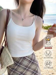 女士新款夏季白色吊带背心，内置胸垫，一体式时尚露背设计，交叉露背款式，无需额外文胸，可叠穿或外穿，百搭实用 - 白色 - 查看 6
