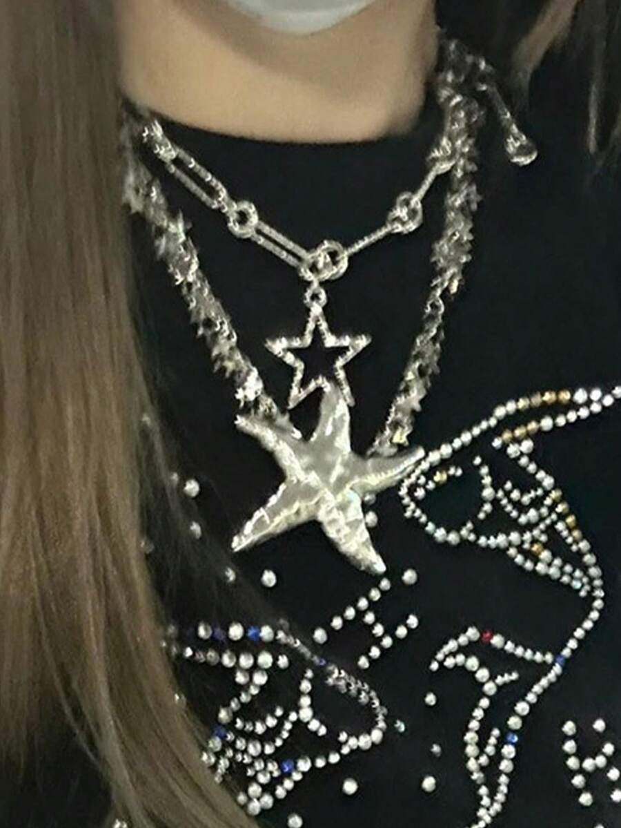 1件时尚个性甜美星星吊坠项链，流苏链多层金属银项链，适合女性日常、派对、音乐节佩戴 - 銀色 - 查看 1