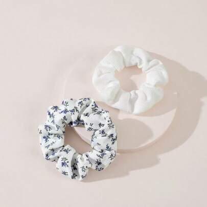 2pcs Set Floral & Solid White Knit Hair Scrunchies, Versatile Daily Wear Hair Accessories, Casual Elastic Hair Ties For All Seasons