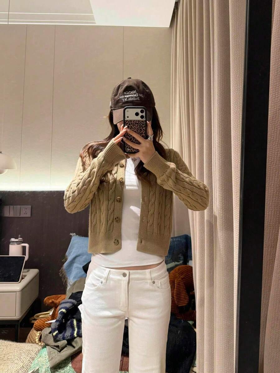 卡其色麻花针织开衫外套女春秋季韩系高级感穿搭毛衣修身短款上衣 - カーキ プレミアムバージョン - チェックする 1