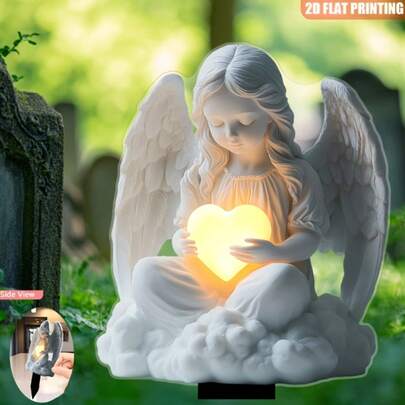 1/2pcs Acrylic Eternal Light Angel & Heart Garden Stake, Bohemian Style, Memorial Decor With Illuminated Heart Shape, Weather-Resistant Outdoor Grave/Yard Art, Sentimental Gift, Home Decor, Grave Decoration, 2D