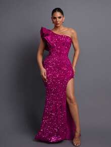 Asymmetric Shoulder Ruffle Dress With Sequin Decor And High Thigh Slit, Suitable For Parties, Formal Events And Fashion Photography Vacation Wedding - Hot Pink - View 4