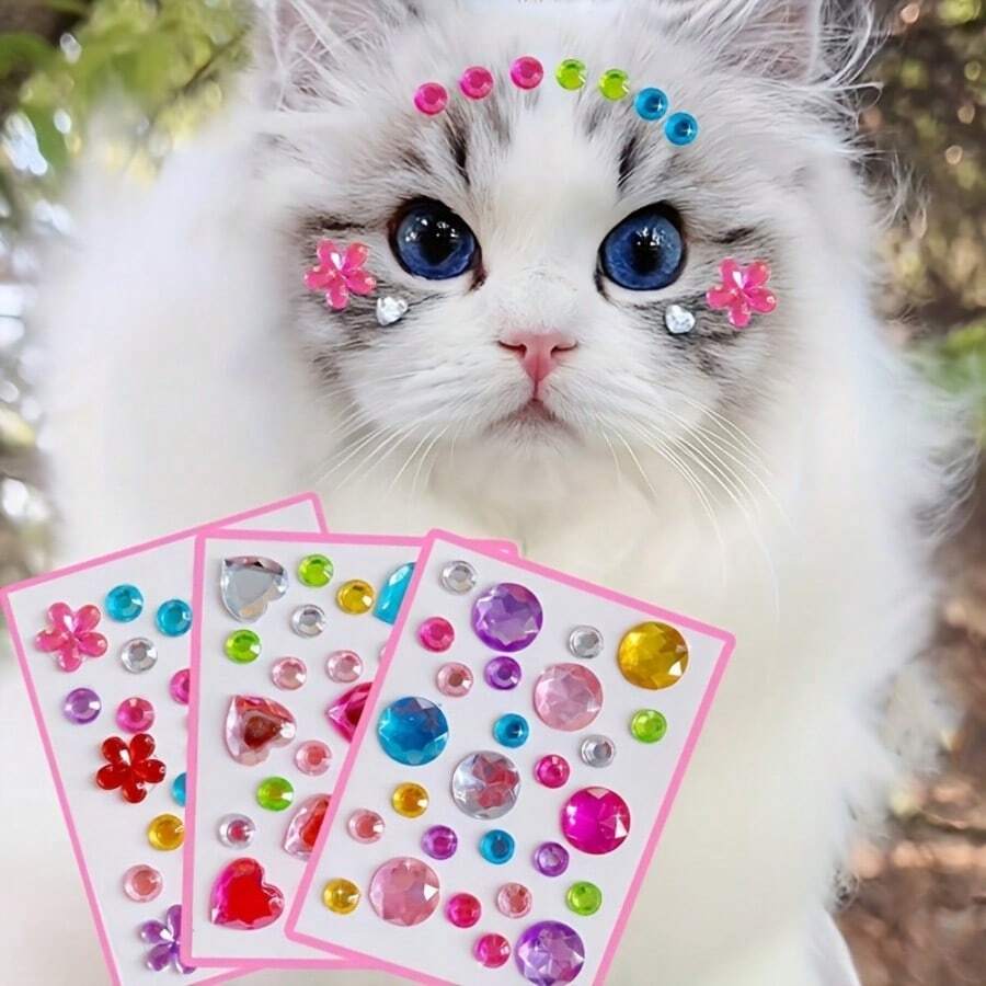 Shiny Rhinestone Effect Stickers - Multi-Color (Pink, Blue, Green, Red, Transparent) Pet Decorative Gems, Suitable For Cat/Dog Collars, Harnesses, Face Decor, No Glue Needed, & Material, Sensitive Skin Friendly - Essential For Parties, Photo Shoots, Daily Charm, Pet Grooming & Party Outfits, Fun Accessories, No Adhesive Needed, Photography Props, Ideal For Dog Lovers - Multicolor - View 1