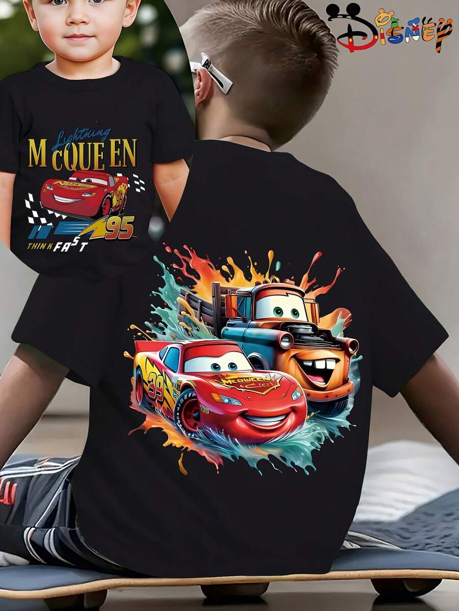 Disney D-I-S-Ney Officially Licensed Cars-Printed T-Shirt Featuring Lightning M-C-Queen Design Spring/Summer Boys' Short-Sleeve T-Shirt Moisture-Wicking And Sweat-Absorbing Soft Fabric Perfect Holiday Or Birthday Gift For Children Suitable For Ages 4-12 - 黑色 - 查看 1