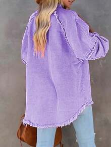 Plus Size Women's Loose Fit Pink Jacket With Raglan Sleeves And Tassel Trim, Suitable For Spring And Autumn Casual - Purple - View 6
