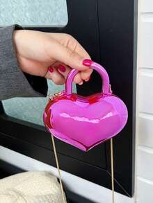 Glossy Heart-Shaped Metal Chain Bag, Sweet & Cool Mini Handbag, Party Style Shoulder Crossbody Bag - Multicolor - View 17