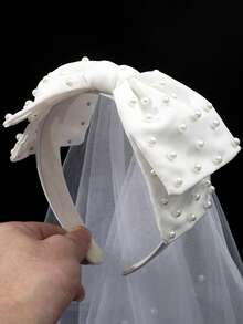 1件珍珠蝴蝶结薄纱新娘头纱发箍，优雅婚礼伴娘发饰，复古法式浪漫头饰 - 白色 - 查看 3