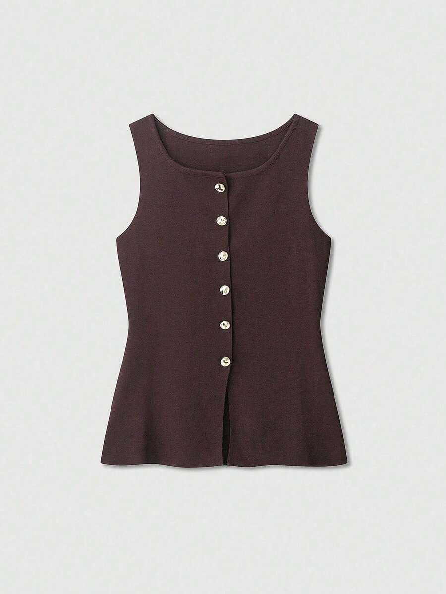 Women's Gold Button Decorated Casual Knit Vest - Brown - View 1