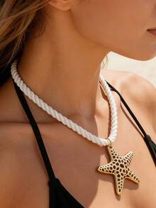 1件装女士海洋度假风项链，白色编织绳搭配镂空金属海星吊坠，适合日常佩戴、度假、派对等场合。 - 白色+金色 - 查看 4
