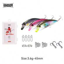 Kingdom 3件套沉水米诺型拟饵，45/60毫米，3.6/7克，远投型路亚，适用于梭鱼/鳟鱼/鲈鱼，纤细硬饵，包含3个拟饵、2个三叉钩、2个钩保护套、2个开口环、4个D型扣和1个饵盒 - 彩色 - 查看 9