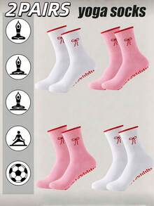 2 Pairs Women's Bowknot Yoga Mid-Calf Socks, Women's Non-Slip Pilates Socks, Ruffle Yoga Socks, Cute Grip Socks - Multicolor - View 1