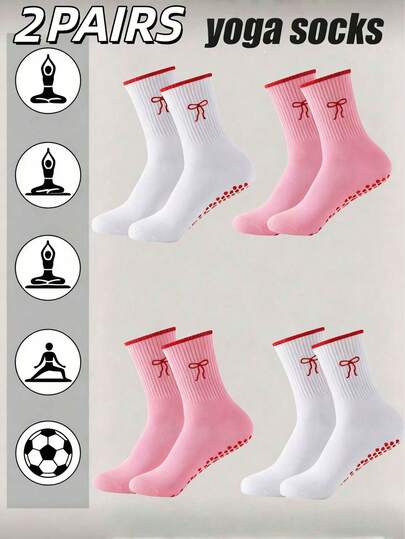 2双装女士蝴蝶结瑜伽中筒袜，女士防滑普拉提袜，荷叶边瑜伽袜，可爱防滑袜