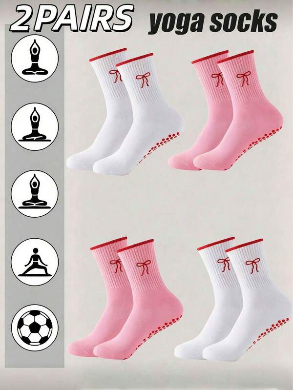 2 Pairs Women's Bowknot Yoga Mid-Calf Socks, Women's Non-Slip Pilates Socks, Ruffle Yoga Socks, Cute Grip Socks