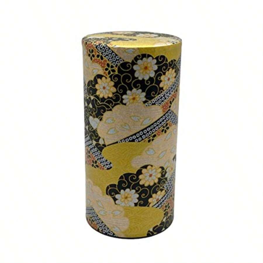 Recipiente de té japonés KARAKUSA/doble tapa/papel washi japonés pegado capacidad de té de 200 g almacenamiento de té de hojas sueltas con tapa - Oro - Ver 1
