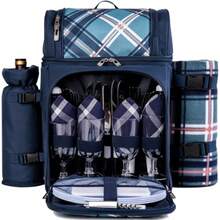 ALLCAMP Cesta de picnic para 4 personas con 2 compartimentos aislados soporte desmontable para botellas/vino manta de forro polar platos y cubiertos para reuniones familiares parejas y amigos - Azul - Ver 1