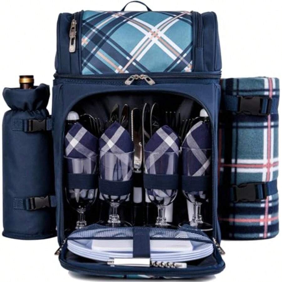 ALLCAMP Cesta de picnic para 4 personas con 2 compartimentos aislados soporte desmontable para botellas/vino manta de forro polar platos y cubiertos para reuniones familiares parejas y amigos - Azul - Ver 1