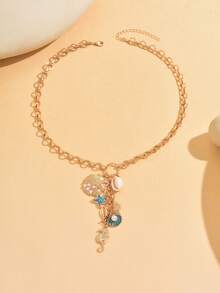 1件夏季海洋风海星、贝壳、海马吊坠项链，时尚沙滩度假女装首饰，手工制作，链长可调节，吊坠数量随机 - 彩色 - 查看 2