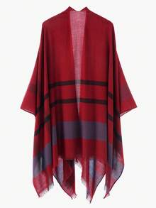 1 chiếc áo choàng nữ màu trơn giả cashmere có tua rua, cổ áo choàng rộng rãi, ấm áp. - Màu Đỏ Sâu - Xem 3