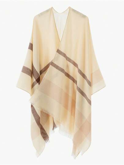 1 chiếc áo choàng nữ màu trơn giả cashmere có tua rua, cổ áo choàng rộng rãi, ấm áp.