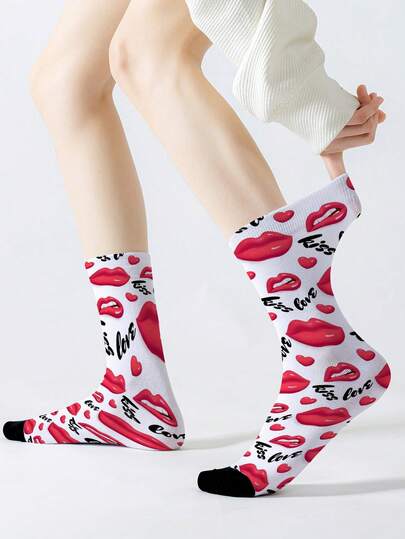 1 Pair Unisex 360° Lip Kiss Print Mid-Calf Socks, Fashion Socks, Suitable For Daily Casual, Valentine's Day, Wedding, Couple Gift, Sports, Party, Comfortable & Soft, Suitable For All Occasions And Seasons, Spring/Summer/Autumn/Winter