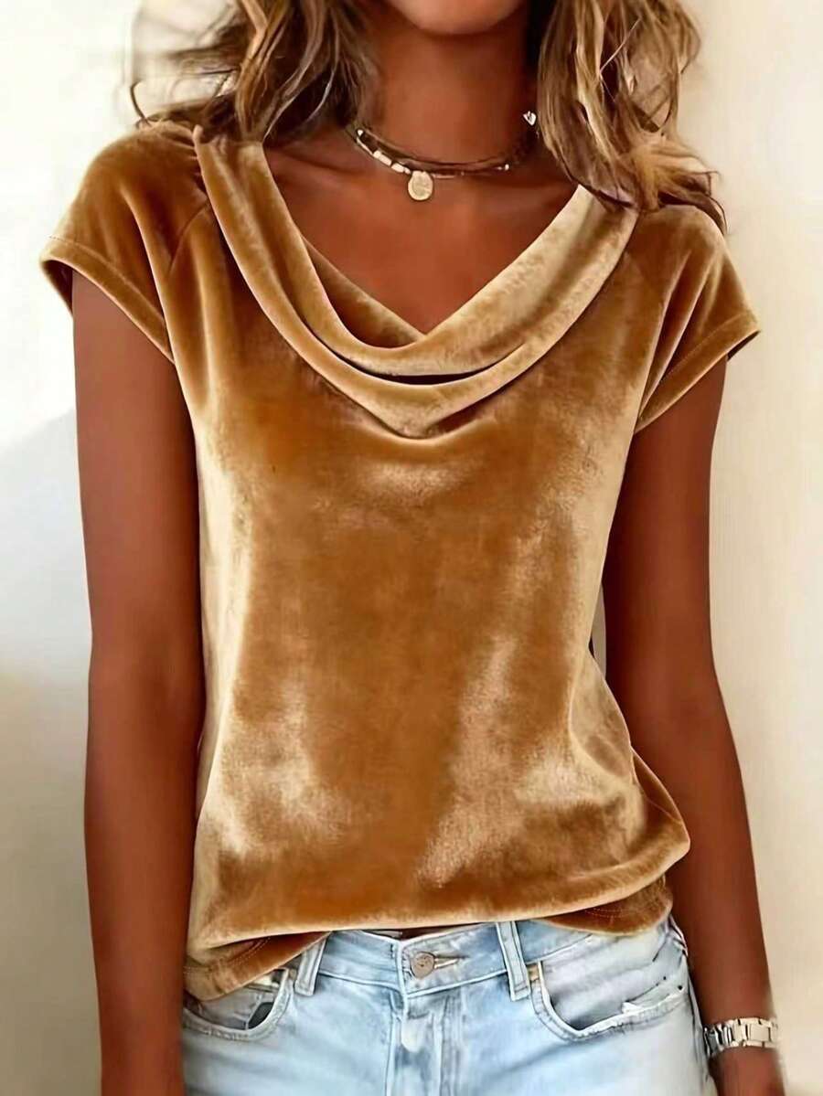 大码女式休闲纯色垂领短袖性感丝绒T恤，春夏款 - 金色 - 查看 1