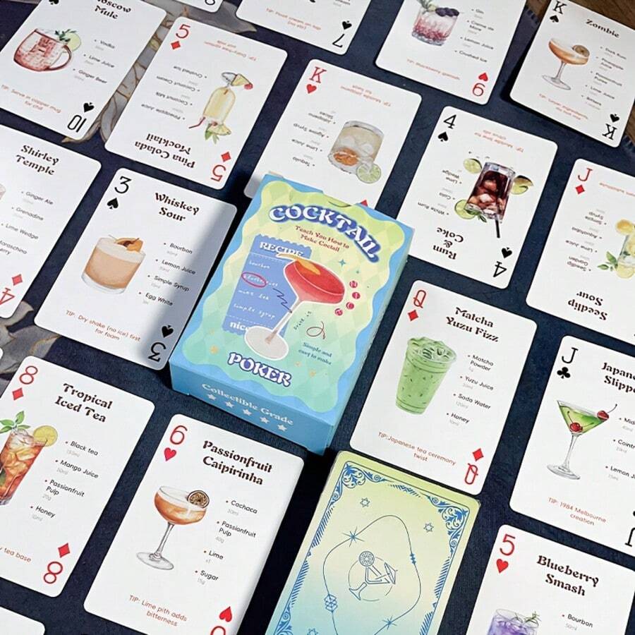 54 cartas de recetas de cócteles con guía única para hacer bebidas y caja de almacenamiento de acrílico, coleccionable para el hogar, bar, fiestas de juegos de mesa - Multicolor - Ver 1
