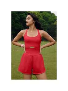 Women's Summer Sleeveless Halter Romper, Athletic One-Piece Workout Jumpsuit With Padded Bra For Indoor & Outdoor Sports - Red - View 5