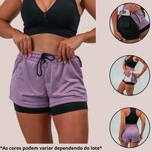 Women's Double Gym Shorts With Internal Cell Phone Pocket, Towel/T-Shirt Holder, Dryfit Perforated Fabric - 中紫紅色 - 查看 7