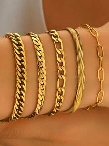 Bộ 5 chiếc vòng tay bằng thép không gỉ mạ vàng 18K, chống oxy hóa, thích hợp đeo hàng ngày, bộ trang sức vòng tay thời trang và thanh lịch dành cho nữ. - Vàng - Xem 12