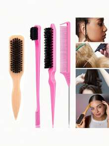 Set de 4 cepillos de pelo suaves | Peine con bordes de nailon y cepillo para peinado, adecuado para coletas y moños elegantes, cabello liso y fino, apto para tipo de cabello normal, unisex adulto - Multicolor - Ver 2
